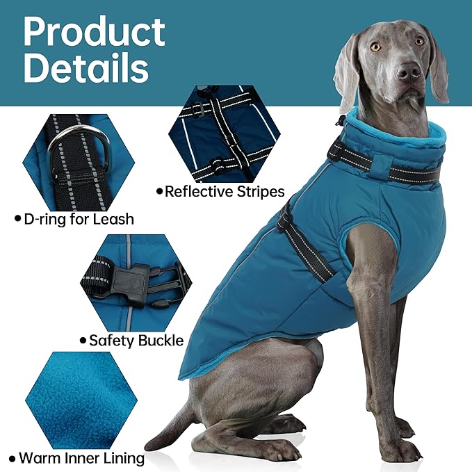 PUMYPOREITY Dog Coat with Harness Built in, Reflective Fleece Jacket, Thick and Warm Winter Coat, Medium Dog Jacket with Zip, Cold Weather Coats for Outdoor, Waterproof Pet Snowsuit, Blue, L