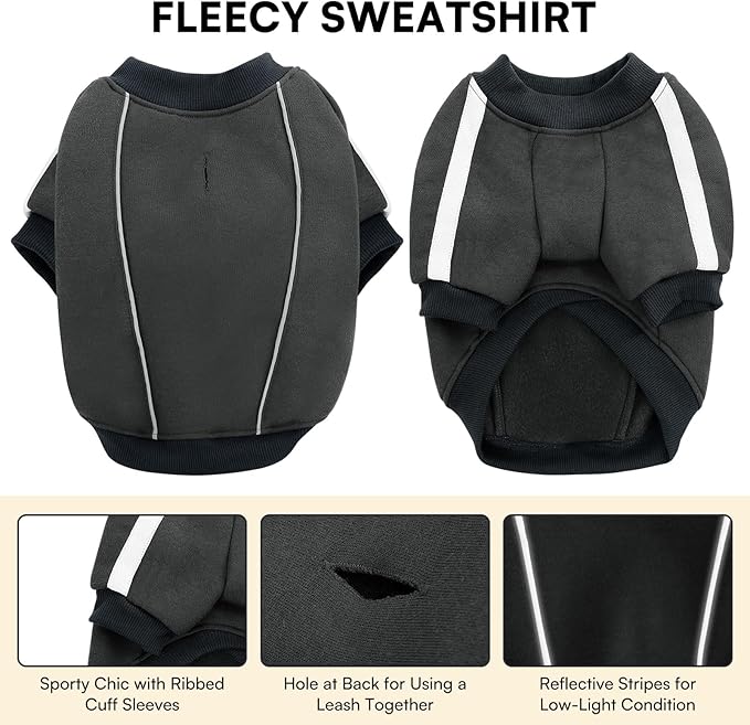 Queenmore Fleece Dog Sweater for Male Dogs, Soft Pullover Dog Sweatshirt with Leash Hole/Reflective Stripes – Cozy Winter Fleece Jacket for Small Medium Large Boy Puppy, Grey M