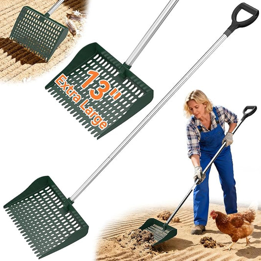Chicken Poop Scooper & Rake 2-in-1, Pooper Scooper with 13in Wider PP Head & Adjustable Stainless Steel Handle, 33''-69'' Sand Sifting Shovel Litter Scooper for Chicken Coop/Small Farm Animals
