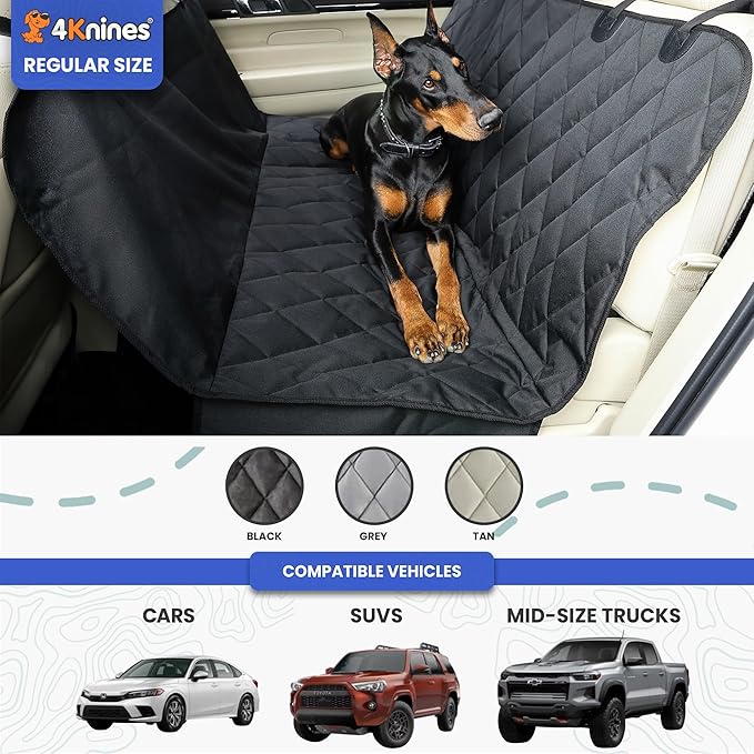 4Knines Dog Backseat Cover with Hammock for Cars, SUVs, and Trucks – Waterproof Layers, Nonslip Seat Protector, Durable Nylon Clips, K9 Shield with Heavy Duty Thread, (Extra Large, Grey)
