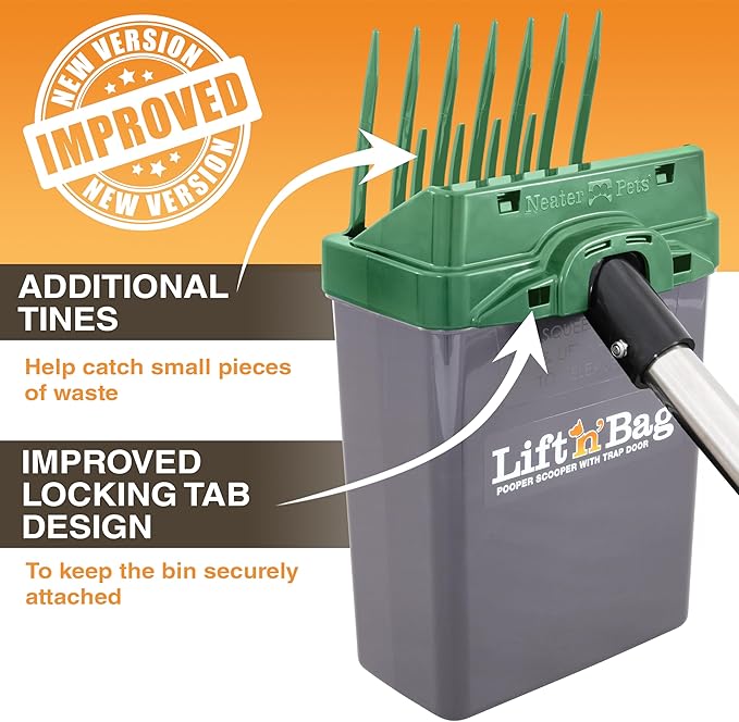 Neater Pet Brands Lift N’ Bag 2.0 Dog Pooper Scooper with Bag Attachment & 27" Pole for Small to Large Dogs, New & Improved Design, 15 Refill Bags, Heavy Duty Dog Poop Scooper for Yard, One-Hand Use