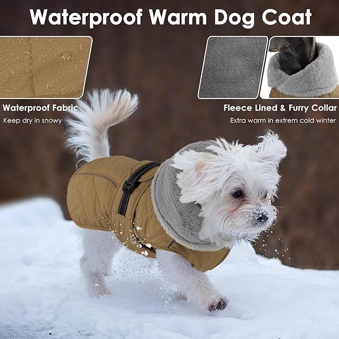 Dog Coat, Waterproof Dog Winter Jacket with Adjustable Buckle, Reflective Turtleneck Pet Snow Vest Warm Fleece Sweater for Small Medium Large Dogs - Khaki, XL