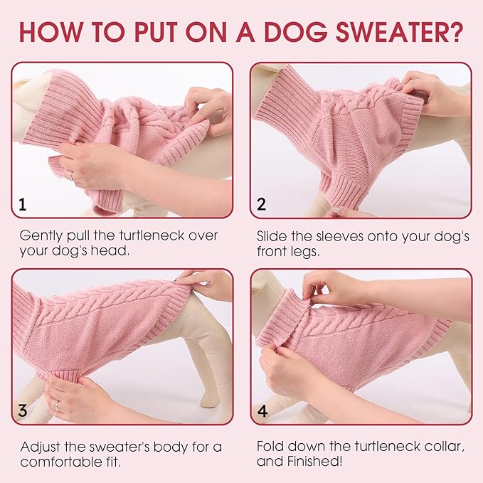 Dog Sweaters for Small Dogs Classic Turtleneck Dog Christmas Sweater Thick Warm Pullover Female Puppy Pet Stretch Knitwear Fall Winter Clothes with Leash Hole(Pink, XS)