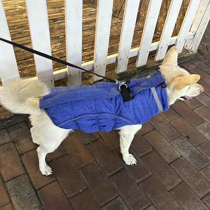 Malier Dog Coat, Reflective Dog Jacket Waterproof Windproof Puppy Cold Weather Coats with Harness Built in, Winter Extra Warm Pet Coat Fleece Vest for Small Large Pets and Puppy (Blue, Large)