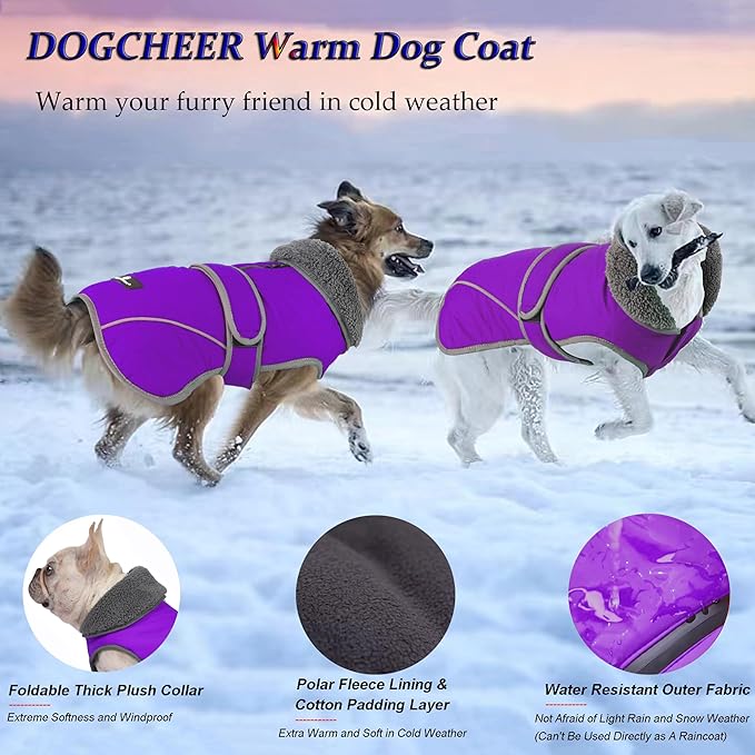 Dogcheer Dog Coat, Waterproof Dog Jacket Reflective Pet Winter Coat with Adjustable Hook & Loop, Christmas Puppy Fleece Jacket Warm Turtleneck Snowsuit for Small Medium Large Dogs - Purple, M