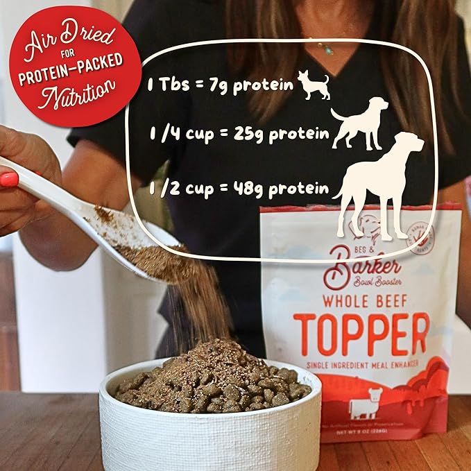 Beg & Barker Beef Dog Food Toppers (8 Ounce, Pack of 1) – 100% Made in USA Single Ingredient Meal Topper for Picky Eaters – Meal Enhancer with Whole Beef – Meal Mixers for Dogs, Human Grade