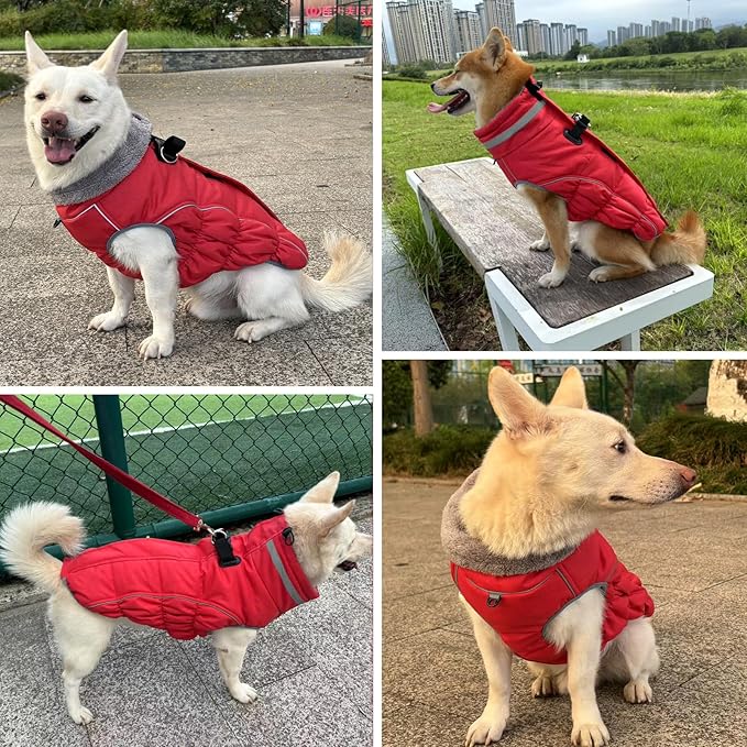 Malier Dog Coat, Reflective Dog Jacket Waterproof Windproof Puppy Cold Weather Coats with Harness Built in, Winter Extra Warm Pet Coat Fleece Vest for Small Large Pets and Puppy (Red, Small)