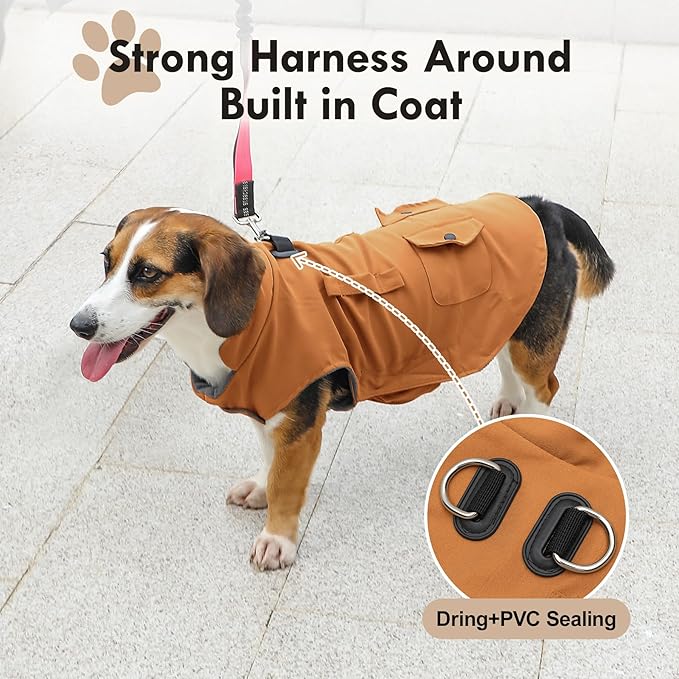 Workwear Style Dog Coats with Harness Built in for Small Dogs Windproof Warm Puppy Jacket with Storage Pockets for Cold Winter,BrightBeige L