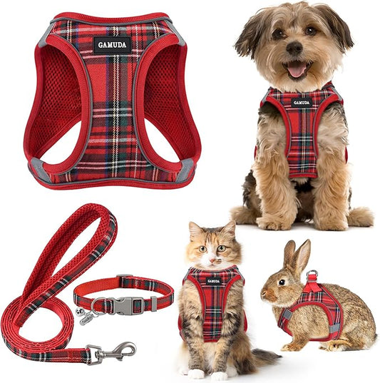 GAMUDA Small Dog Harness Collar and Leash Set, Step in No Chock No Pull Soft Mesh Adjustable Dog Vest Harnesses Plaid Reflective for Dogs Puppy Cats Kitten Rabbit (Red, M)