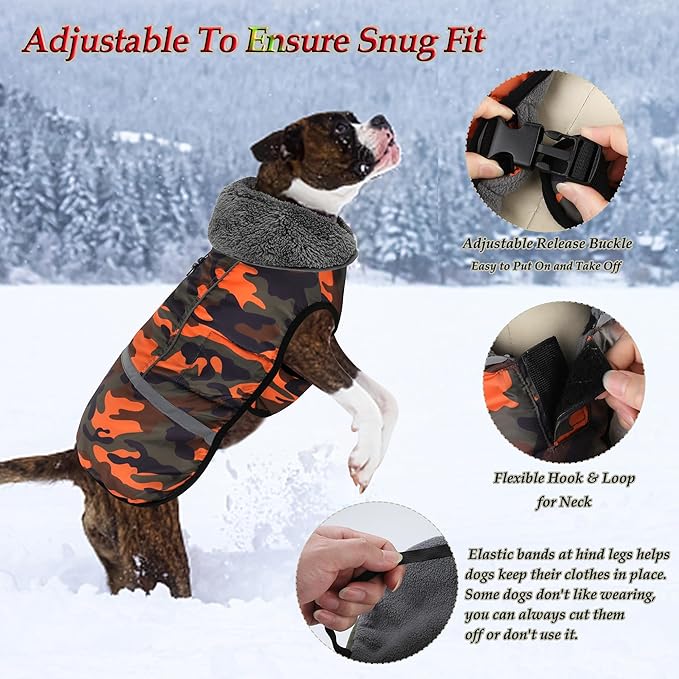Dogcheer Warm Dog Coat, Waterproof Dog Jacket Christmas Puppy Winter Coat with Buckle, Reflective Adjustable Pet Snow Jacket Turtleneck Fleece Sweater for Small Medium Large Dogs - Orange Camo, M