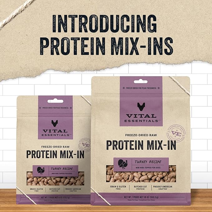 Vital Essentials Freeze Dried Raw Protein Mix-in Dog Food Topper, Turkey Mini Nibs Topper for Dogs, 18 oz