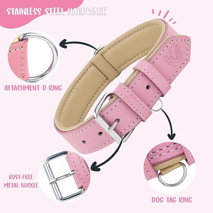 Riparo Genuine Leather Pink Dog Collar Heavy Duty K-9 Adjustable Dog Collar (M: 1” Wide for 13.5”-17.5” Neck, Pink)