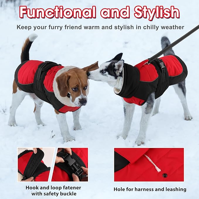 Dogcheer Dog Coat, Christmas Dog Jacket, Waterproof Turtleneck Puppy Winter Coat, Adjustable Pet Puffer Jacket, Reflective Warm Fleece Coats for Small Medium Large Dogs - Red, L