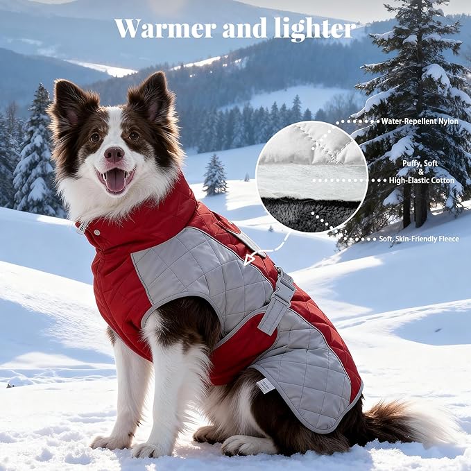 Dog Coat Dogs Winter Coat- Fleece Lined,Water-Resistant,Convertible Collar,Back Reflective Strip&Easy to Wear for Outdoor Walking Dog-Jacket(Red, XX-Large)