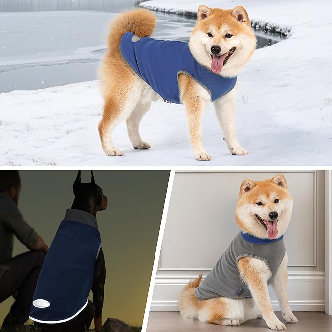 cyeollo 2 Pack Dog Sweater Fleece Vest Pullover Sweatshirt Dog Jacket Reflective Stretchy Lightweight Pet Clothes Cold Weather Coats for Medium Dogs Boy Navy & Grey