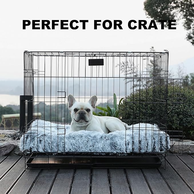 Bedfolks Waterproof Dog Crate Bed, Plush With Removable Washable Cover, Faux Fur Crate Pad for Medium Dogs, Fluffy Kennel 29"x21", Dark Grey