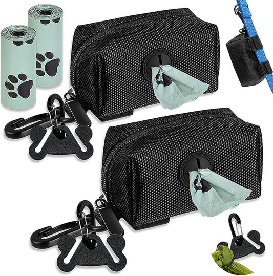 Dog Poop Bag Dispenser for Leash Accessory, 2 Packs (Black), 16 Rolls, Hand Free Holder & Bag, Fits Dog Leash, Animal Waste