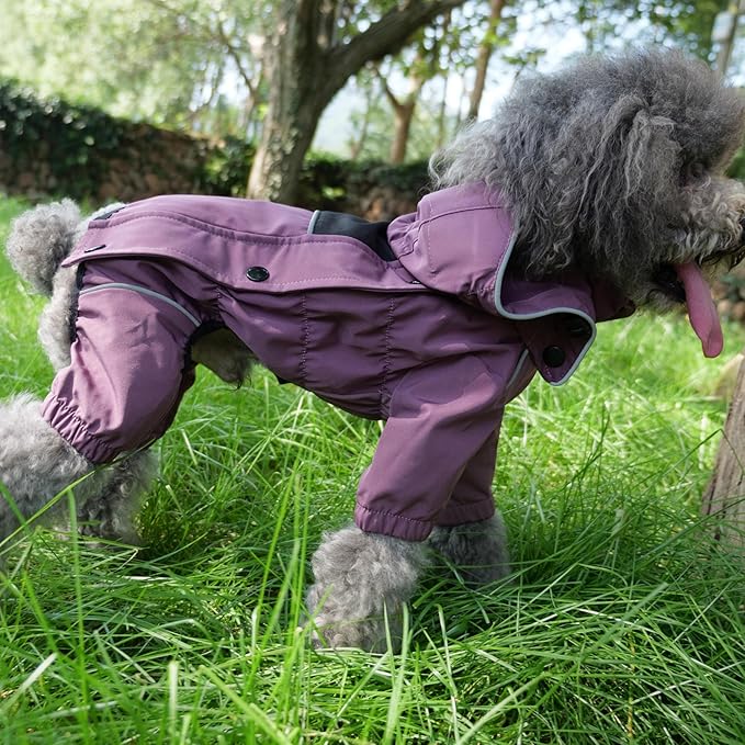 LOVELONGLONG Waterproof Dog Raincoat with Removable Hood – Outdoor Full Body Dog Jacket, Windproof Snowproof Shell Suit – All Season Pet Rain Gear Plum Purple S