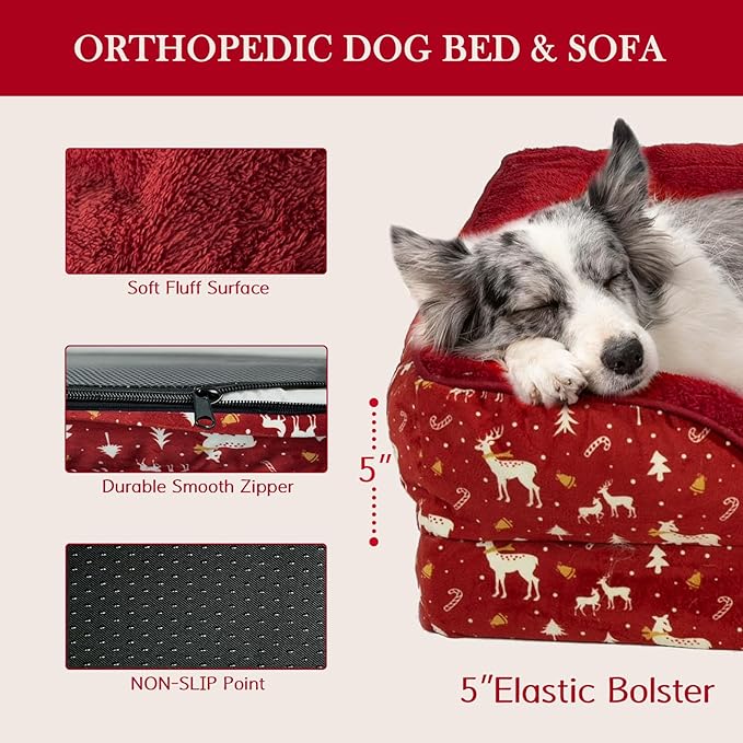 Comfort Expression Orthopedic Dog Bed for Extra Large Dogs 42x30 Inch, Waterproof Egg Crate Foam XL Pet Bed with Removable Bolsters, Dog Couch with Washable Cover & Non-Slip Bottom, Christmas Red