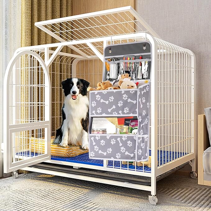 Dog Toy Basket - 5-Shelf Hanging Organizer with 2 Metal Hooks, 5 Pockets for Dog Leash, Harness, Toys & Treats - 62.5''(H) Bone Claw Print