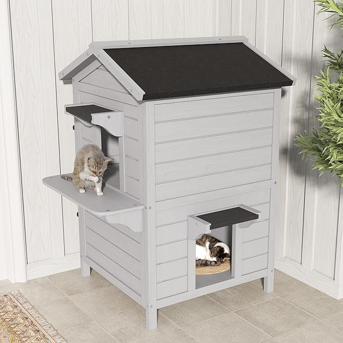 Outdoor Cat House, 2-Story Feral Cat Shelter with Weatherproof Roof for Winter, Weatherproof Wooden Cats House with Escape Doors