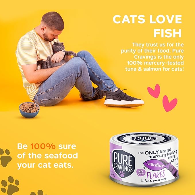Pure Cravings Sardine Flakes in Tuna Consommé, Canned Wet Cat Food Soup, 100% Mercury-Tested, Moist Can Fish, Grain-Free Protein, Non-GMO, 3oz, Pack of 12