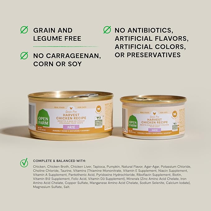 Open Farm Canned Cat Food, Pate for Complete & Balanced Nutrition, Grain Free and Legume-Free Wet Cat Food, Harvest Chicken Recipe, 2.8oz Cans (Case of 18)