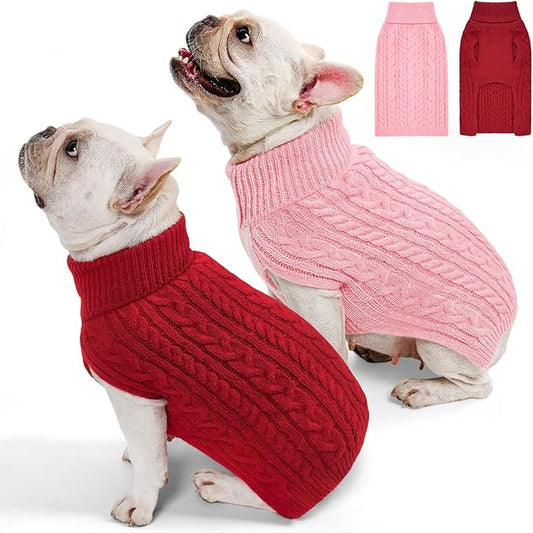 2 Pack Dog Sweaters for Medium Dogs Turtleneck Pullover Cable Knit Stretch Clothes French Bulldog Dachshund Boston Terrier Corgi Beagle Pug Boy Girl Pets Winter Clothes (L, Pink & Red)