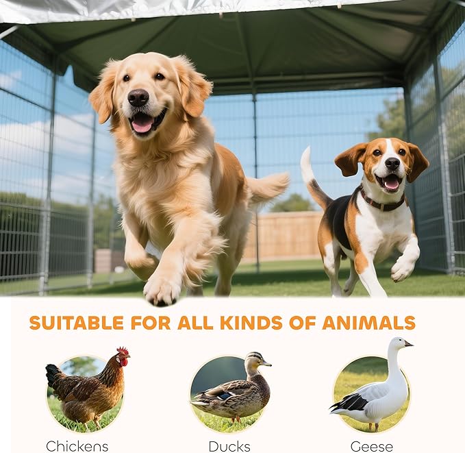 PawHut 10' x 10' x 6.8' Outdoor Dog Kennel, Welded Wire Dog Kennel Outside Run with 360° Rotating & 4 Level Adjustable Bowls, Waterproof & UV Resistant Cover, for S&M&L Breeds, Chickens, Ducks, Silver