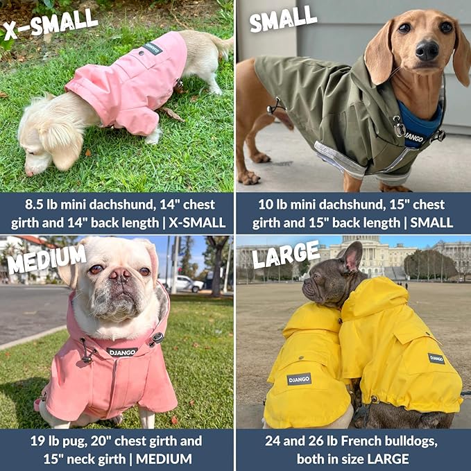 DJANGO Highland Dog Jacket & Raincoat – Water-Repellent, Lined Dog Coat with Hood, Adjustable Fit & Harness Hole – Lightweight Rain & Wind Jacket for Small & Medium Dogs up to 30 lbs (Olive, Small)