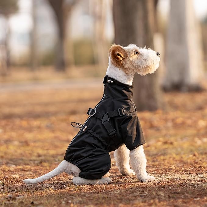Mile High Life Waterproof Dog Raincoat, Full Coverage Small Dog Rain Coat with Harness, Adjustable 4 Legs Puppy Rain Jacket with Reflective Strip and Elastic Cuffs (Black, M Back Length 14.6")