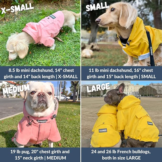 DJANGO Highland Dog Jacket & Raincoat – Water-Repellent, Lined Dog Coat with Hood, Adjustable Fit & Harness Hole – Lightweight Rain & Wind Jacket for Small & Medium Dogs up to 30 lbs (Yellow, Medium)