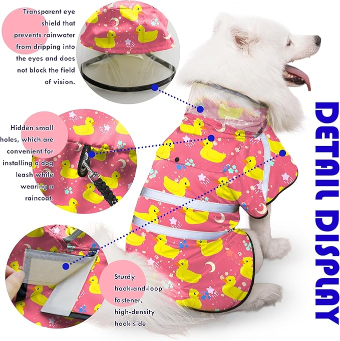 Dog Raincoat, Adjustable Rain Jacket with Hooded Double Layer for Large Medium Small Dogs Puppies, Lightweight Waterproof Rain Coat Poncho with Reflective Stripe Duck Pink,XL