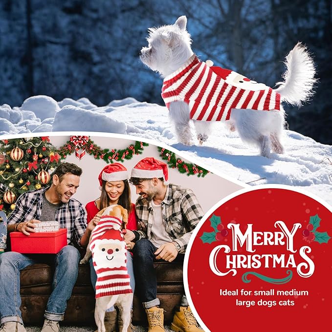PETCARE Santa Dog Sweater Christmas Funny Cute Red Striped Cat Sweater Vest Pet Holiday Dog Clothes Puppy Sweaters for Small Medium Large Dogs Cats Fall Winter Outfits Xmas Dogs Costume,Small