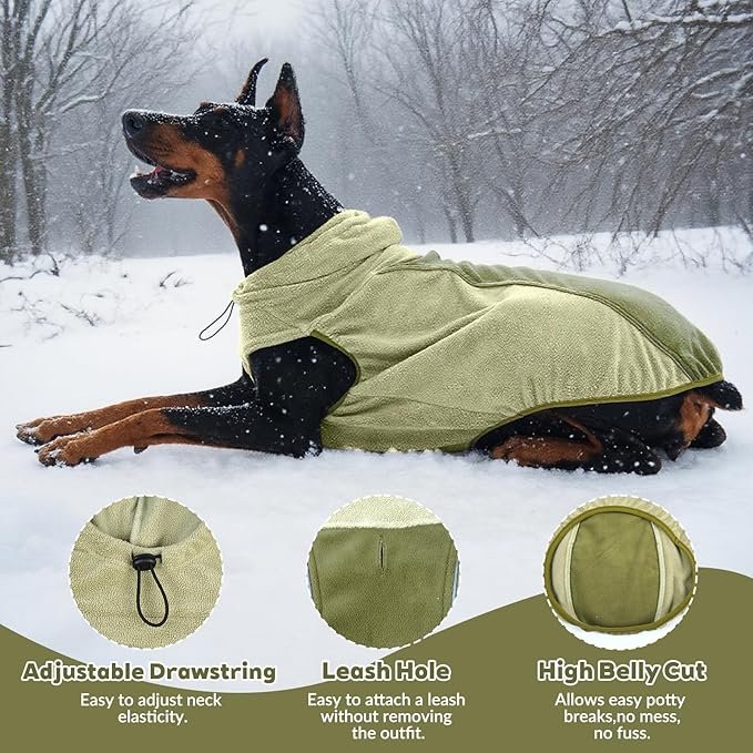 IECOii Fleece Dog Sweater for Large Dogs, Large Dog Sweater Sleeveless with Leash Hole and Reflective Strips, Fall Winter Turtleneck Hoodie Vest Lightweight & Stretchy Fit for Active Dogs, Green, XL