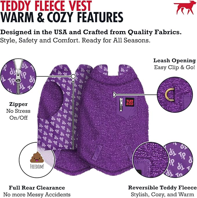 Tuff Pupper Reversible Fleece Sweater Vest for Dogs | Lightweight Comfortable Insulated Jacket | Front Zip Closure | Machine Washable | Built-in Leash Hole | Sizes for All Breeds (XXL, Purple)