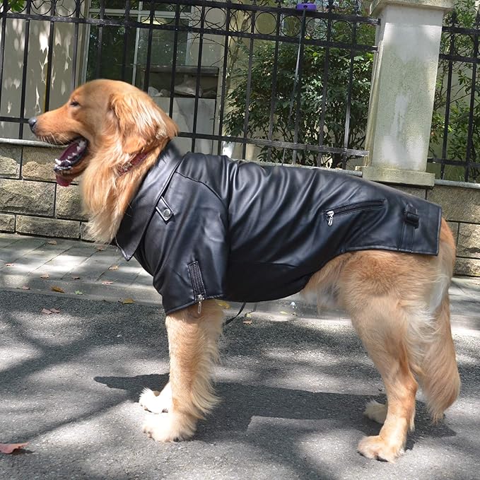 Lovelonglong Cool Dog Leather Jacket, Warm Coats Dogs Windproof Cold Weather Coats for Large Medium Small Dogs, Beagle Clothing Black L-S