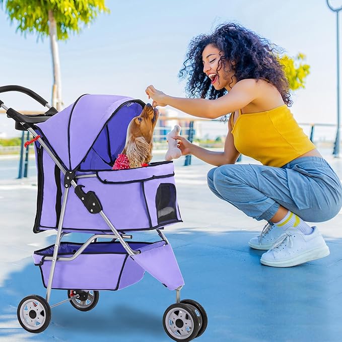 FDW Pet Stroller 3-Wheel Durable Foldable Cat Dog Stroller with Washable Liner Storage Basket Cup Holder,Purple
