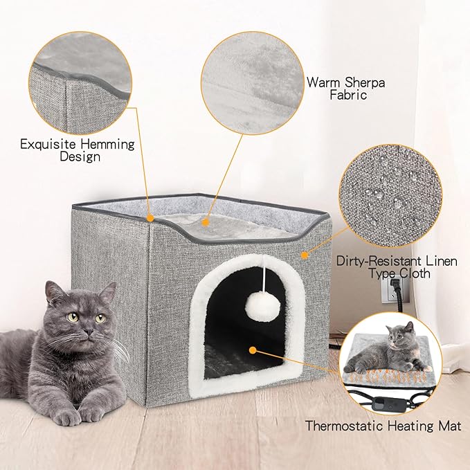 Heated Cat Bed for Indoor Cats, Foldable Cat House with Removable Heating Pad for Cats Small Dog Covered Cat Bed Cave Kitty Hideaway with with Scratch Pad, All Season Use