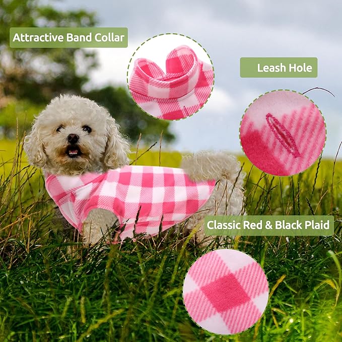Kama Bridal Spring & Autumn Dog Coat - Pink & White Plaid Fleece Vest for Cats & Small Dogs (Pink, XXS)