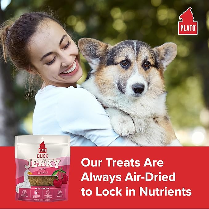 PLATO Pet Treats - Air-Dried Jerky - Delicious, Real Meat Dog Treats - Grain Free - Supports Healthy Digestion - Duck with Cherry 16oz