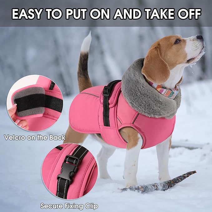 PETDSH Dog Coat Small, Windproof Dog Jacket with Warm Fleece Lining, Thickened Collar Dogs Winter Coat, Adjustable Reflective Pet Coats for Cold Weather (Pink, Small)