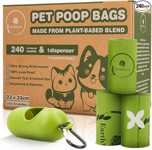 Dog & Cat Compostable Poop Bags (240 Counts w/Dispenser) - Plant Based, Enhanced Leak-Resistant, Odor-Resistant & Durable – Unscented,Sustainable Cleanup Solution –10% to Animal Rescue