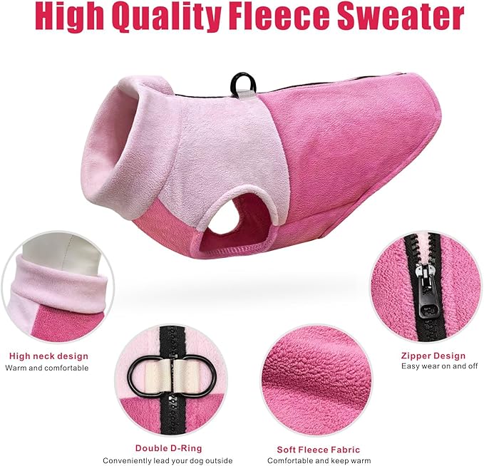 Idepet Dog Fleece Vest Sweater Zip Up Warm Pullover Dogs Jacket with D-Ring Leash Winter Cold Weater Coat Pet Sweatershirt Clothes Hoodie for Small Medium Dogs Boy Girl (Pink/Rose Red, XXL)