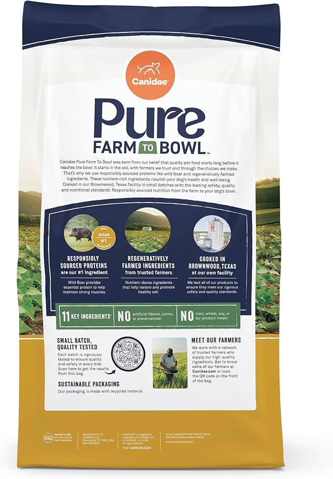 Canidae Pure Farm to Bowl Wild Boar & Garbanzo Bean, Grain-Free Dry Dog Food, Adult, 22lb