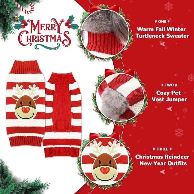 PETCARE Reindeer Christmas Dog Sweater Red Striped Cat Sweater Cartoon Elk Pet Vest Holiday Dog Clothes Puppy Sweaters for Small Medium Large Dogs Cats Fall Winter Outfits Xmas Dogs Costume,Medium