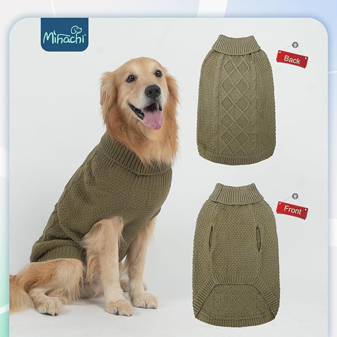 Mihachi Turtleneck Dog Sweater - Winter Coat Apparel Classic Cable Knit Clothes with Leash Hole for Cold Weather, Ideal Gift for Pet in New Year Army Green New XL