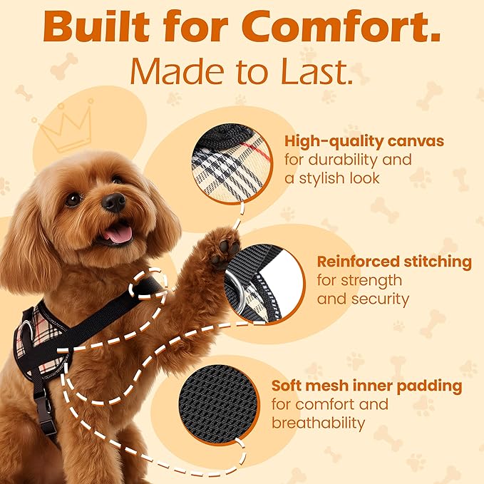 Bark Appeal Tan Plaid No-Pull Dog Harness for Extra Small Sized Pets – Adjustable, Reflective Vest with 3 Leash Clips for Added Control, Easy Walks & Training – XS
