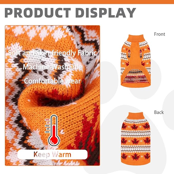 KOOLTAIL Cable Knit Dog Sweater Turtleneck, Cold Weather Pullover Classic Knitwear, Thick Warm Winter Pet Clothes, Fall Maple Leaves Thanksgiving Dog Sweater for Small Medium Large Dogs Cats, Orange S