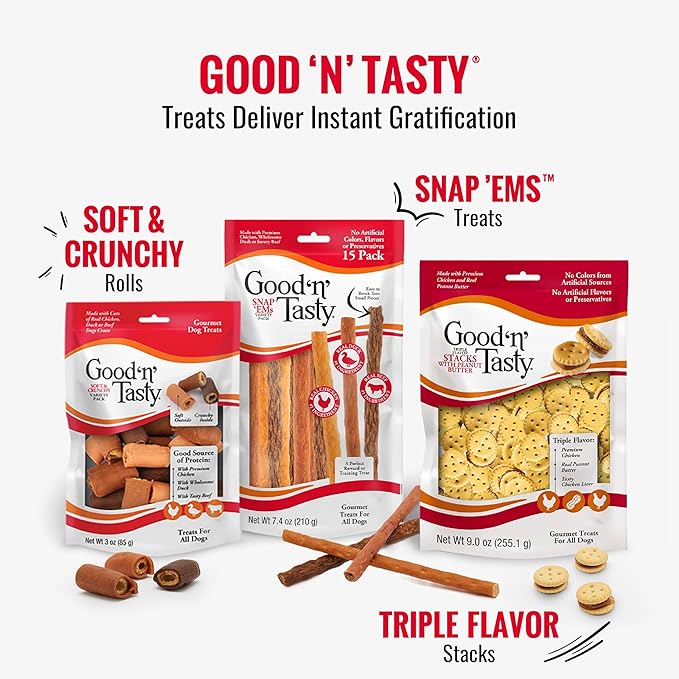 Good 'n' Tasty Triple Flavor Puree Mix-Ins Dog Food Topper Treats for All Dogs, 28 Count, Easy Single-Serve Portions, Added Protein with Duck, Beef and Rabbit, No Chicken Added